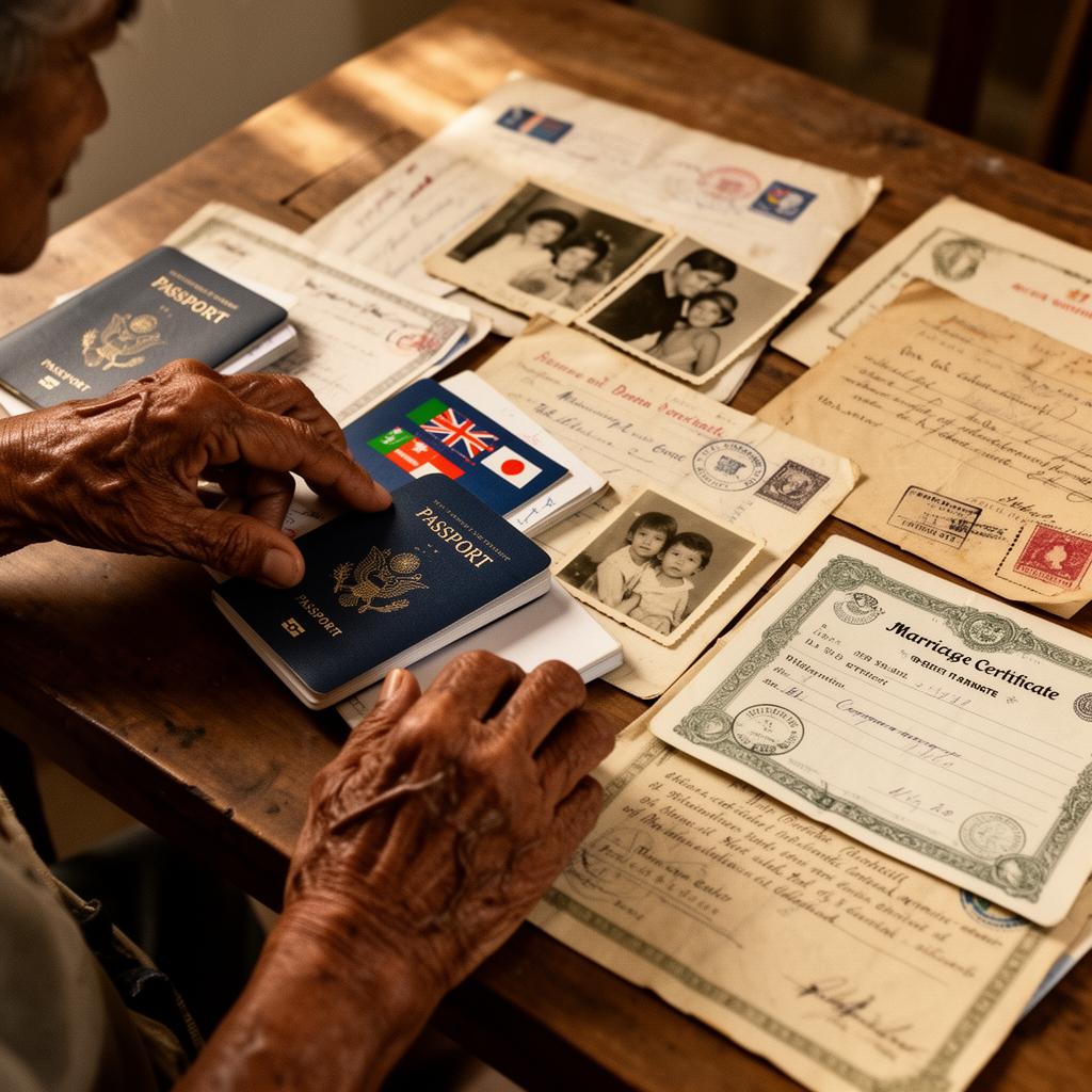 Hands organizing passports, certificates, and family photographs