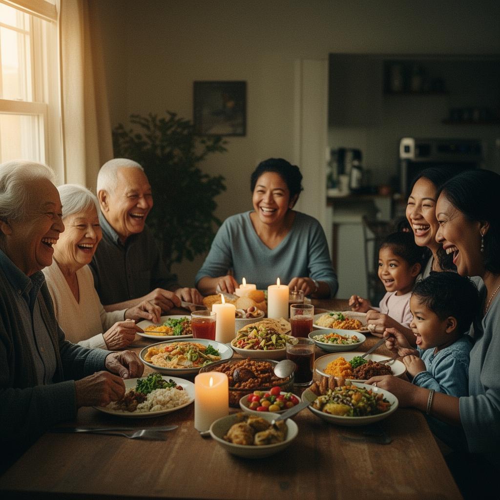 A multigenerational family sharing their first dinner together in a new home