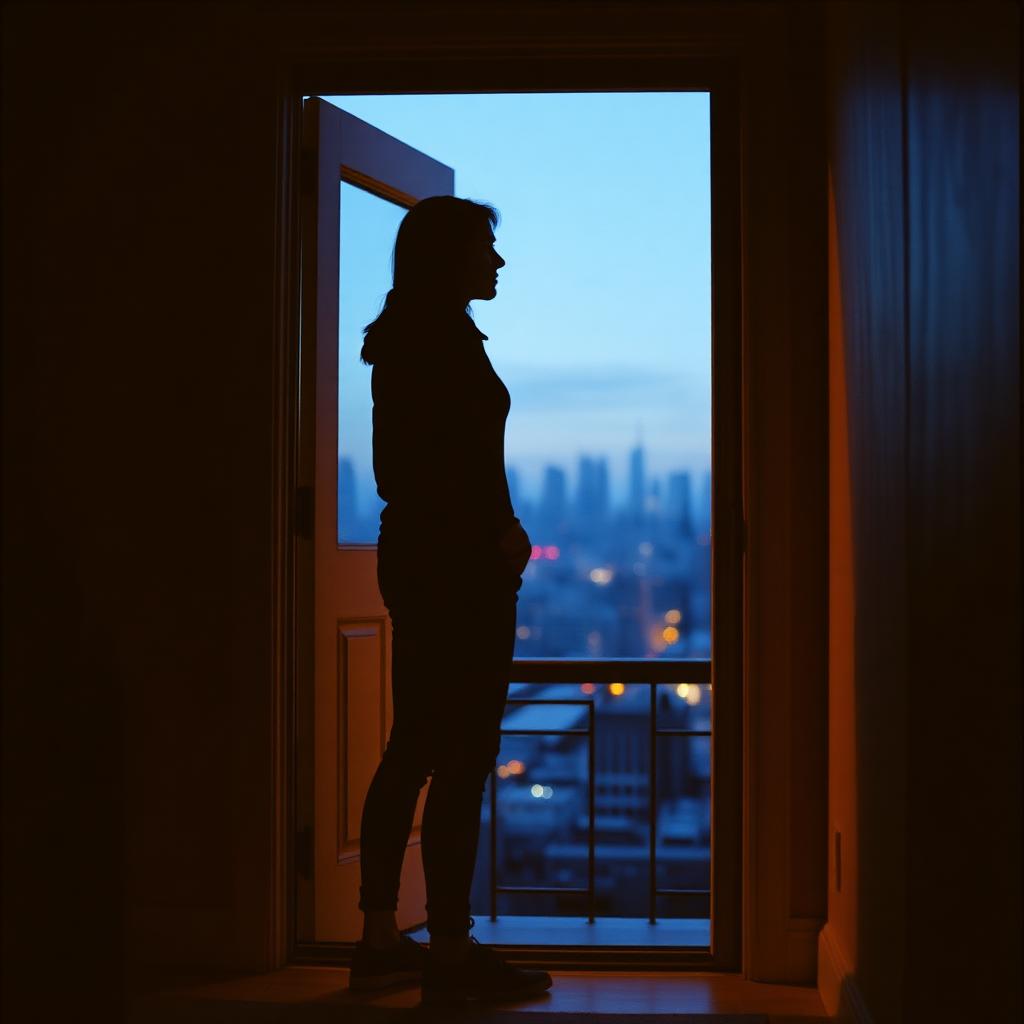 A figure standing in an open doorway at dusk